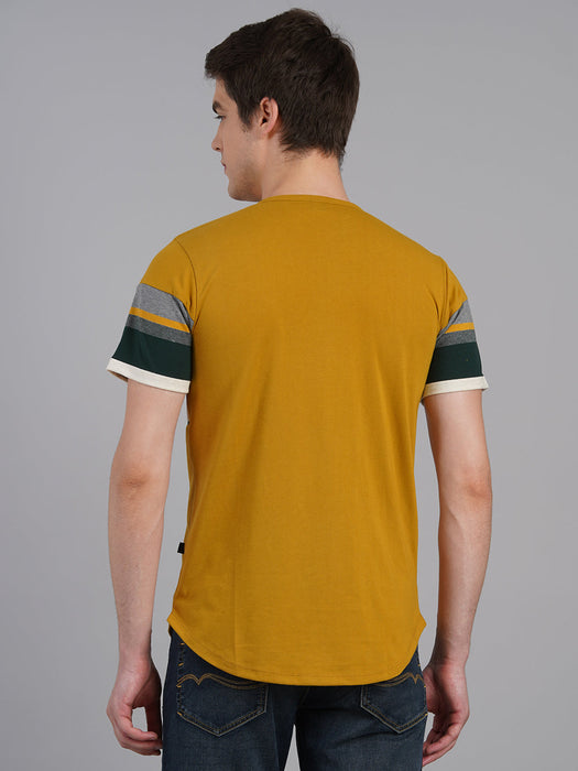 Dirty Yellow Cut & Sew Striped  Round Neck Half Sleeve T-Shirt