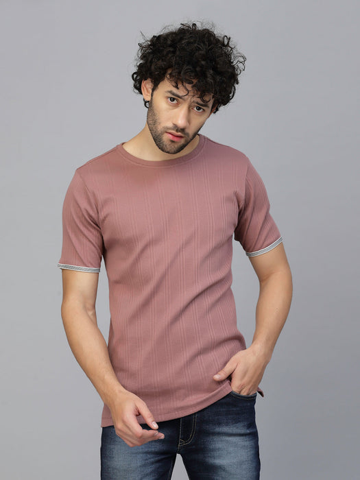 Solid Self Textured Half Sleeves Rib Knit T-Shirt