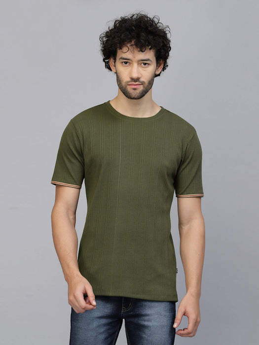 Solid Self Textured Half Sleeves Rib Knit T-Shirt