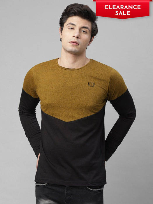 Mustard Black Cut & Sew Logo Print Round Neck Cotton Half Sleeve T-Shirt