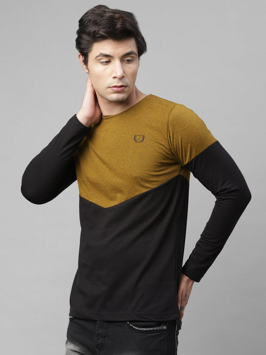 Mustard Black Cut & Sew Logo Print Round Neck Cotton Half Sleeve T-Shirt