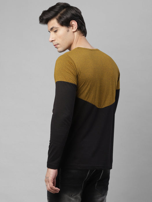 Mustard Black Cut & Sew Logo Print Round Neck Cotton Half Sleeve T-Shirt