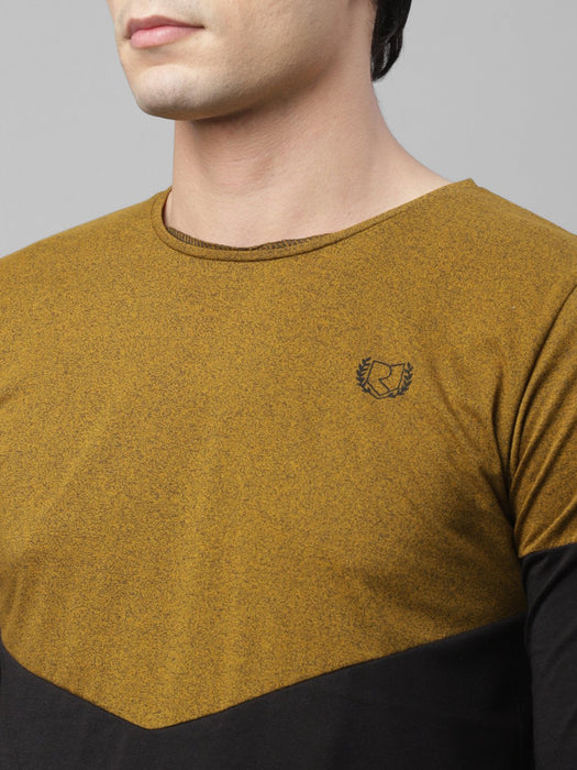 Mustard Black Cut & Sew Logo Print Round Neck Cotton Half Sleeve T-Shirt