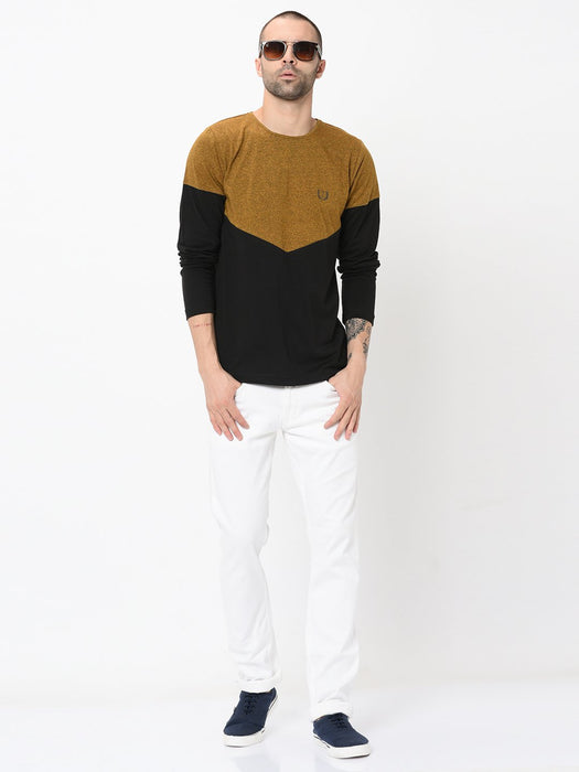 Mustard Black Half & Half Cut & Sew Full Sleeve Tshirt For Men