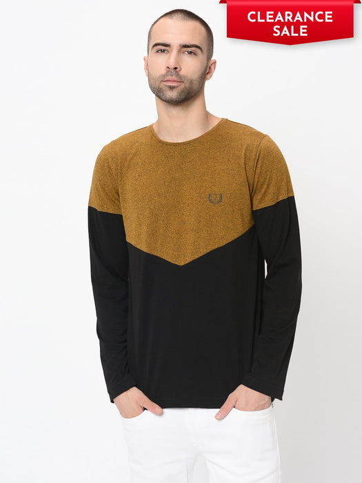 Mustard Black Half & Half Cut & Sew Full Sleeve Tshirt For Men