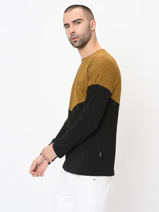 Mustard Black Half & Half Cut & Sew Full Sleeve Tshirt For Men