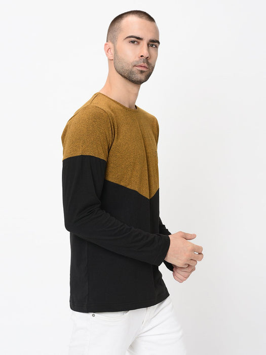 Mustard Black Half & Half Cut & Sew Full Sleeve Tshirt For Men