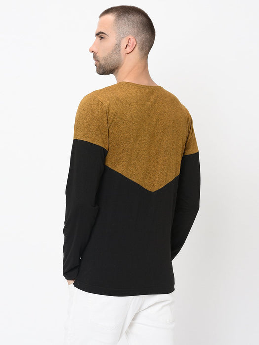 Mustard Black Half & Half Cut & Sew Full Sleeve Tshirt For Men