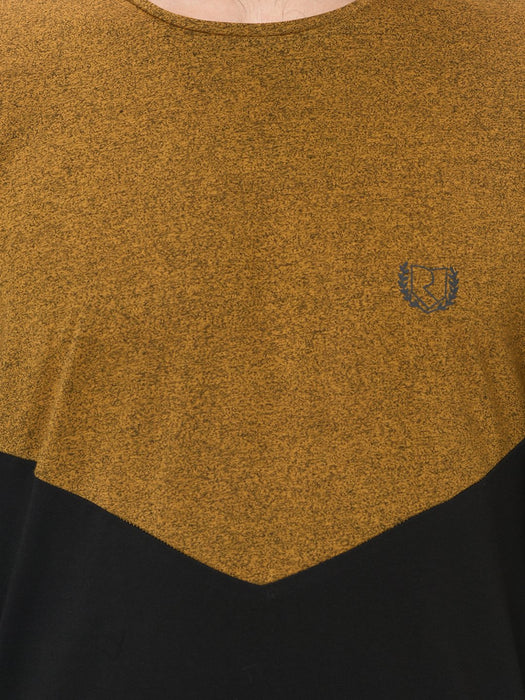 Mustard Black Half & Half Cut & Sew Full Sleeve Tshirt For Men