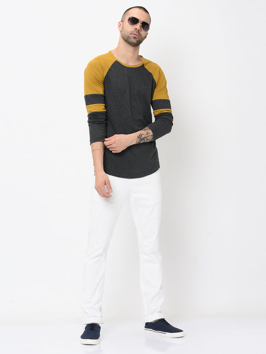 Charcoal Mustard Detailing On Raglan Sleeve Tshirt For Men