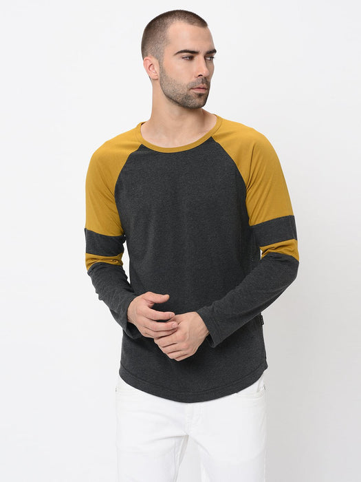 Charcoal Mustard Detailing On Raglan Sleeve Tshirt For Men