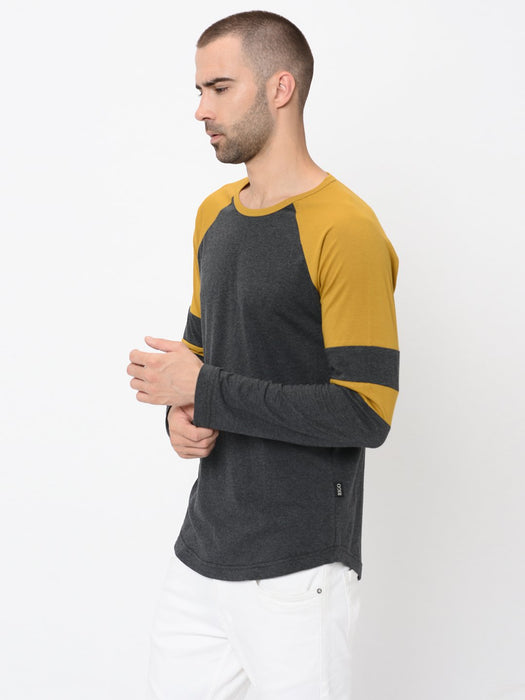 Charcoal Mustard Detailing On Raglan Sleeve Tshirt For Men