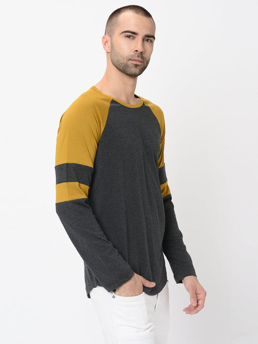 Charcoal Mustard Detailing On Raglan Sleeve Tshirt For Men