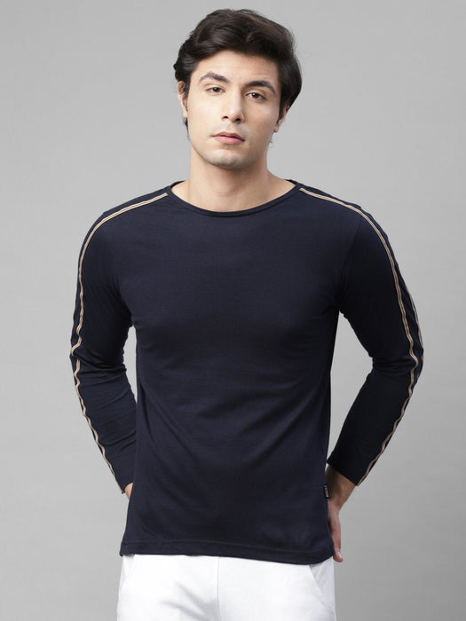 Blue With Contrast Tape Detailing Full Sleeve Cotton Round Neck T-Shirt