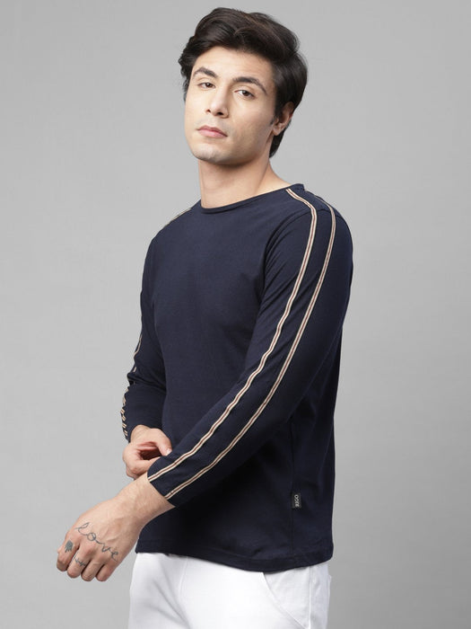 Blue With Contrast Tape Detailing Full Sleeve Cotton Round Neck T-Shirt