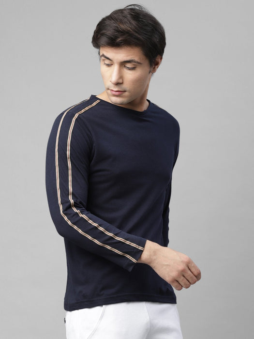 Blue With Contrast Tape Detailing Full Sleeve Cotton Round Neck T-Shirt