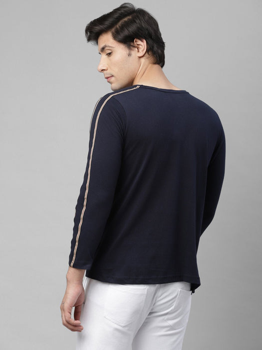 Blue With Contrast Tape Detailing Full Sleeve Cotton Round Neck T-Shirt