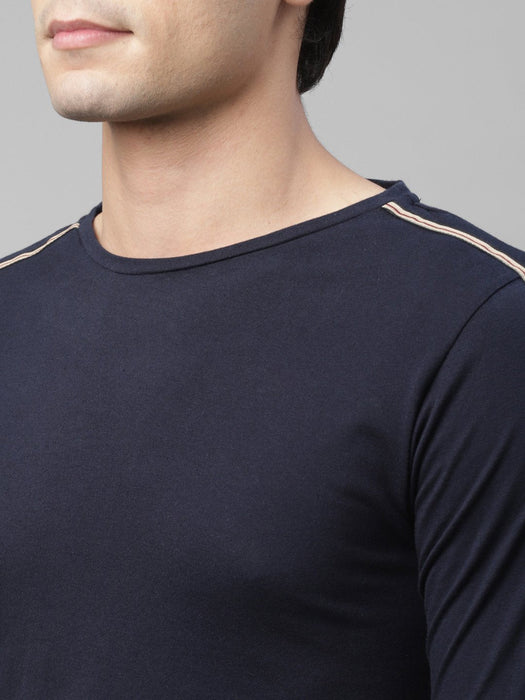 Blue With Contrast Tape Detailing Full Sleeve Cotton Round Neck T-Shirt