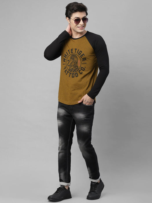 Mustard Black Printed Raglan Sleeve Cotton Round Neck T-Shirt