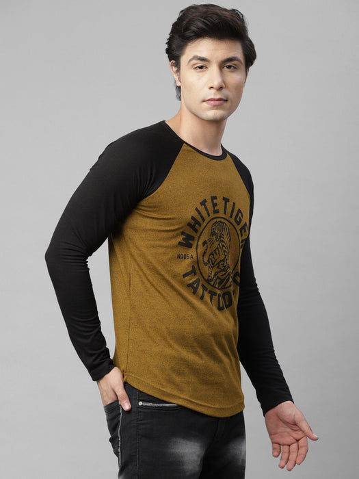 Mustard Black Printed Raglan Sleeve Cotton Round Neck T-Shirt