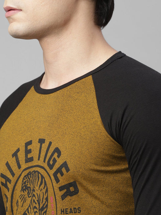 Mustard Black Printed Raglan Sleeve Cotton Round Neck T-Shirt