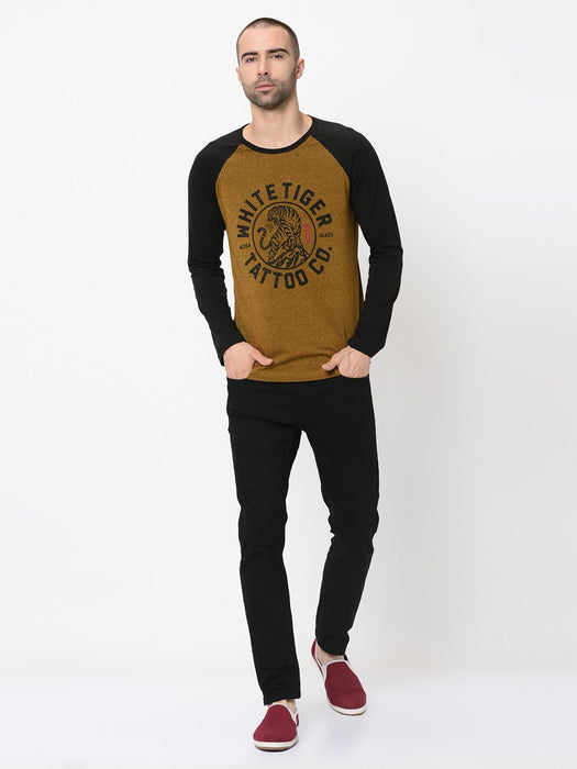 Mustard  With Placement Print Full Sleeve Tshirt For Men