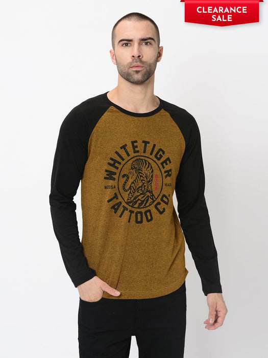 Mustard  With Placement Print Full Sleeve Tshirt For Men