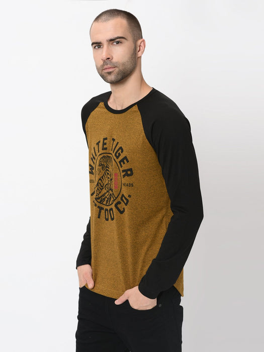 Mustard  With Placement Print Full Sleeve Tshirt For Men