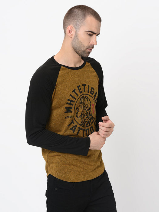 Mustard  With Placement Print Full Sleeve Tshirt For Men