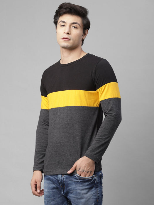 Black Charcoal Mustard Color Block Round Neck Cotton Full Sleeve T-Shirt