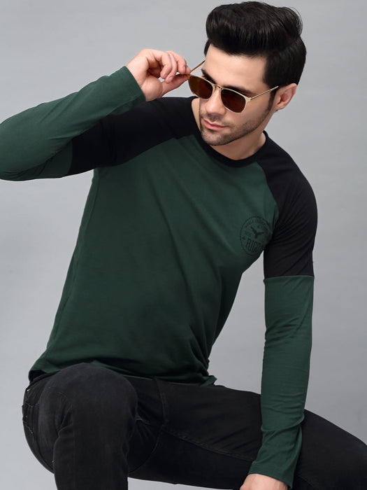 Bottle Green Round Neck  Raglan Full Sleeve  Printed T-Shirt