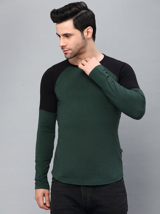 Bottle Green Round Neck  Raglan Full Sleeve  Printed T-Shirt