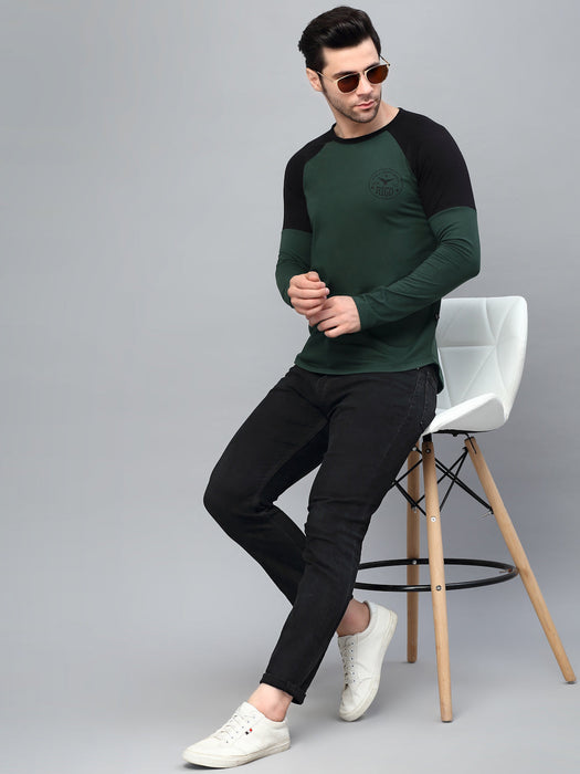 Bottle Green Round Neck  Raglan Full Sleeve  Printed T-Shirt