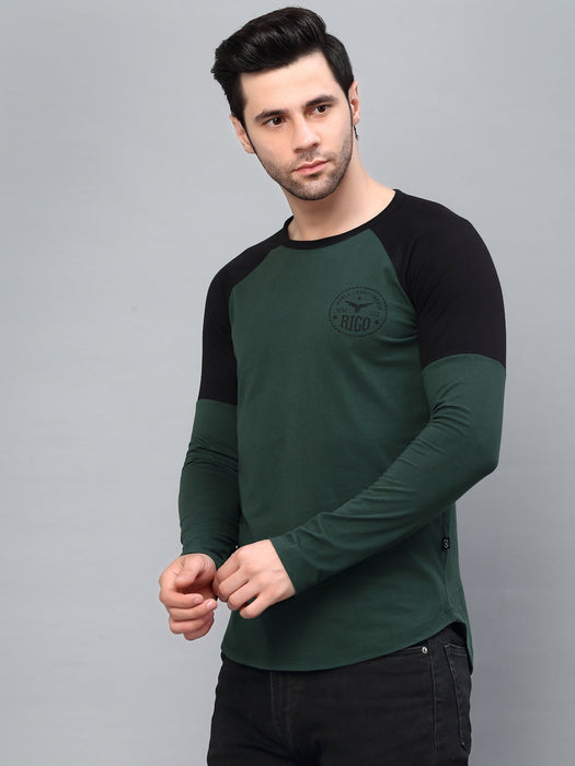 Bottle Green Round Neck  Raglan Full Sleeve  Printed T-Shirt