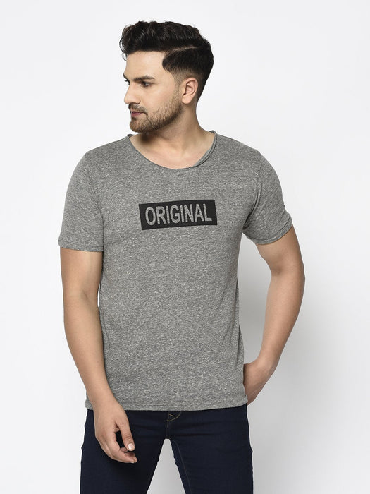 Grey Slub Printed Cotton Half Sleeve T-Shirt