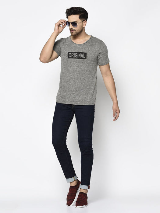 Grey Slub Printed Cotton Half Sleeve T-Shirt