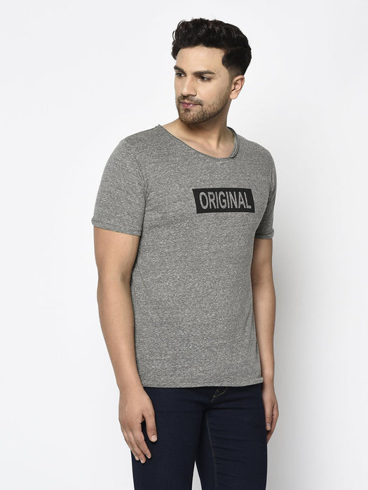 Grey Slub Printed Cotton Half Sleeve T-Shirt