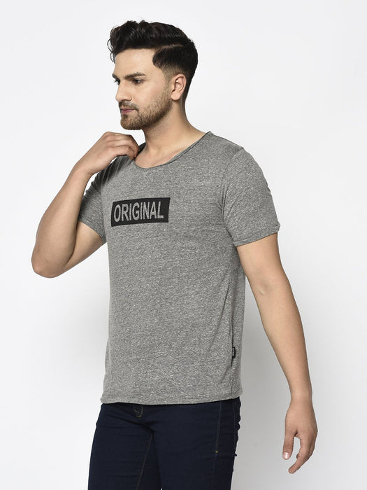 Grey Slub Printed Cotton Half Sleeve T-Shirt