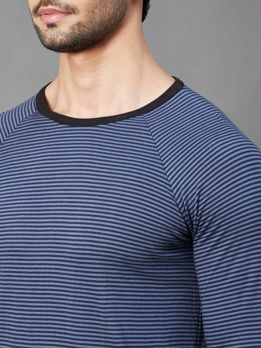 Blue Stripe With Contrast Cuff And Bottom Round Neck Cotton Full Sleeve T-Shirt