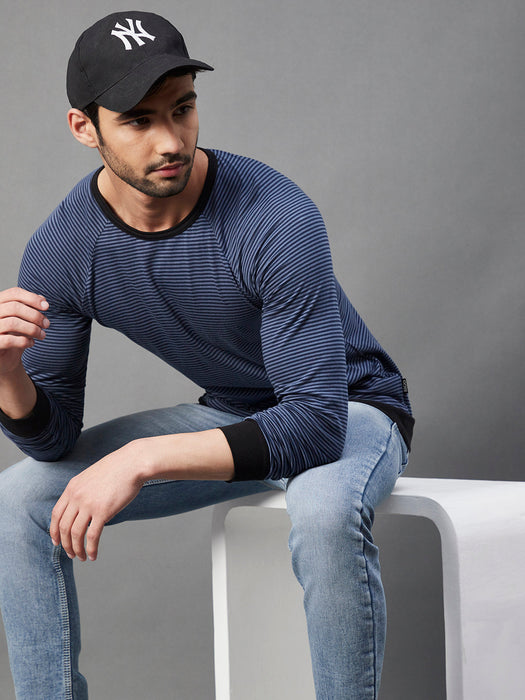 Blue Stripe With Contrast Cuff And Bottom Round Neck Cotton Full Sleeve T-Shirt