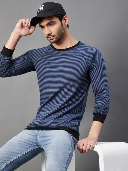 Blue Stripe With Contrast Cuff And Bottom Round Neck Cotton Full Sleeve T-Shirt