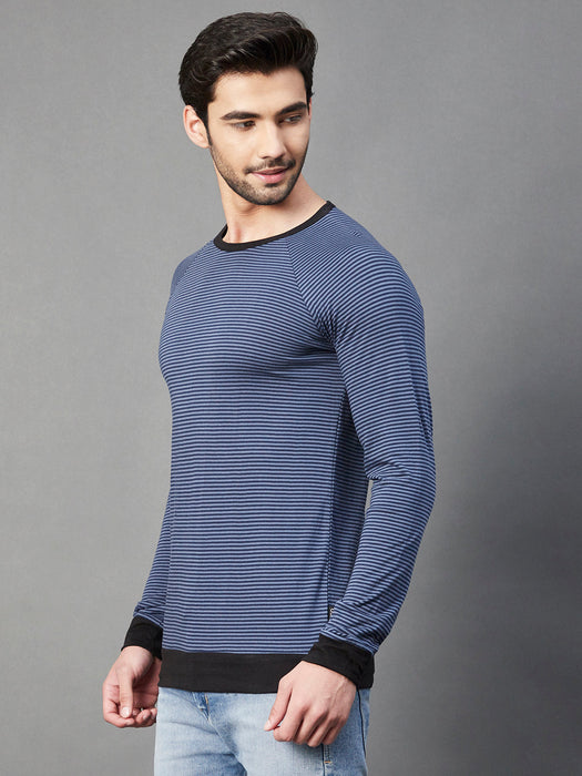 Blue Stripe With Contrast Cuff And Bottom Round Neck Cotton Full Sleeve T-Shirt