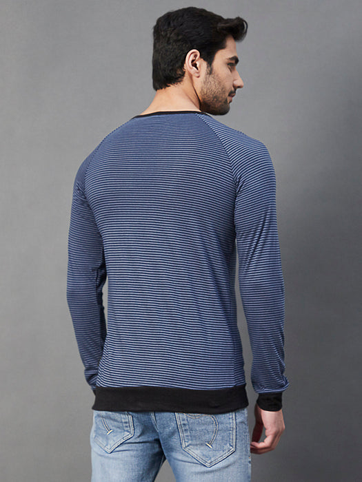 Blue Stripe With Contrast Cuff And Bottom Round Neck Cotton Full Sleeve T-Shirt