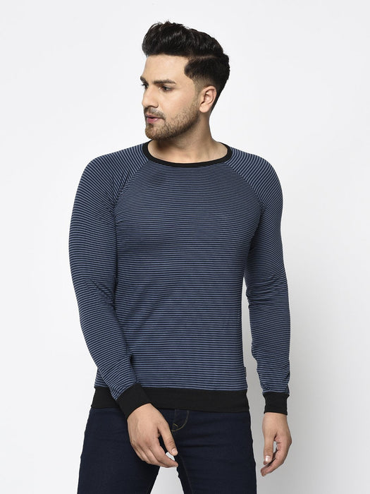 Blue Stripe With Contrast Cuff And Bottom Round Neck Cotton Full Sleeve T-Shirt