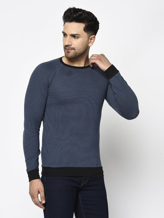 Blue Stripe With Contrast Cuff And Bottom Round Neck Cotton Full Sleeve T-Shirt