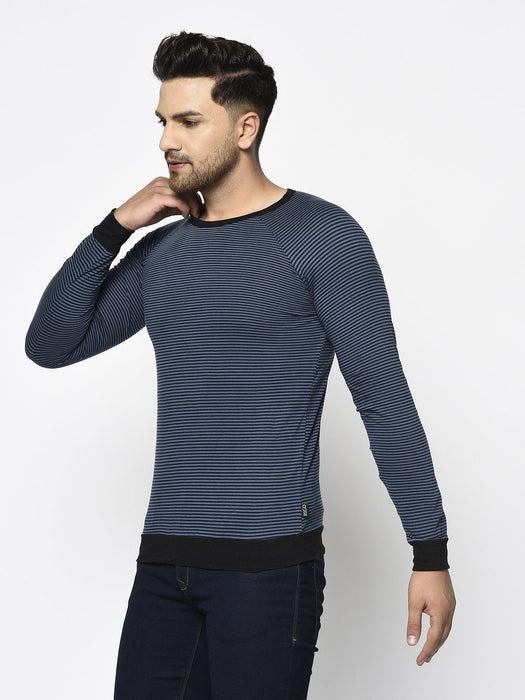 Blue Stripe With Contrast Cuff And Bottom Round Neck Cotton Full Sleeve T-Shirt