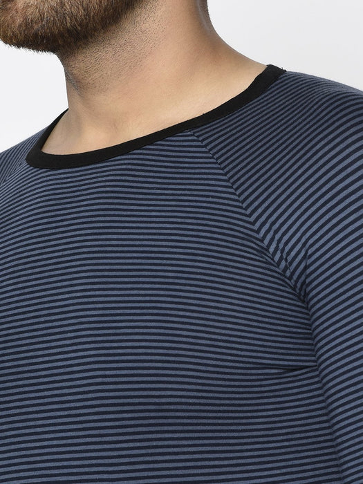 Blue Stripe With Contrast Cuff And Bottom Round Neck Cotton Full Sleeve T-Shirt