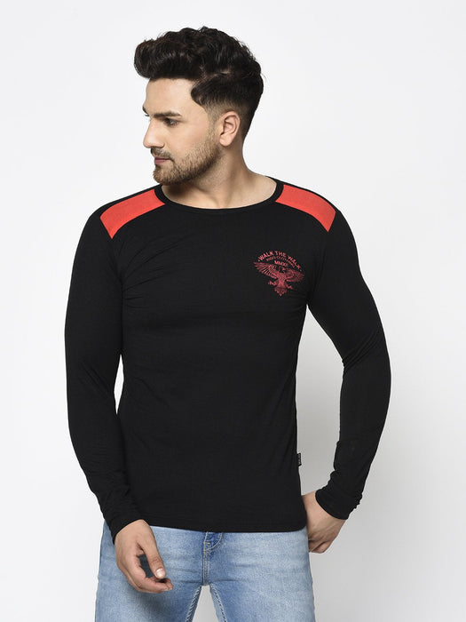 Black Logo Printed Round Neck Cotton Full Sleeve T-Shirt