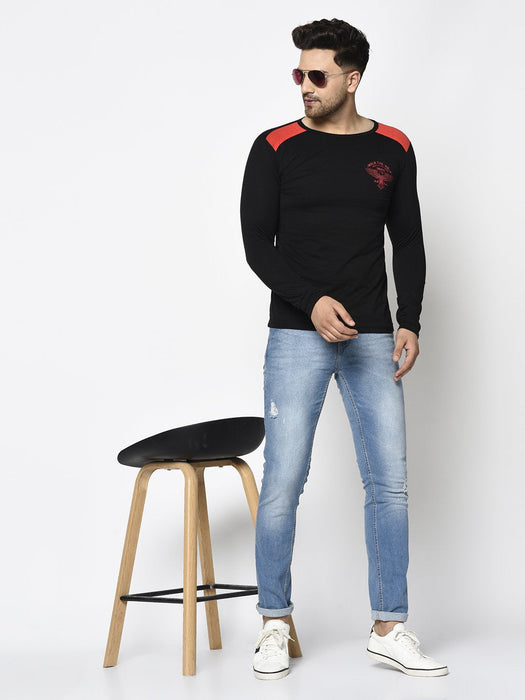 Black Logo Printed Round Neck Cotton Full Sleeve T-Shirt