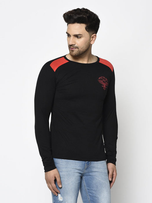 Black Logo Printed Round Neck Cotton Full Sleeve T-Shirt